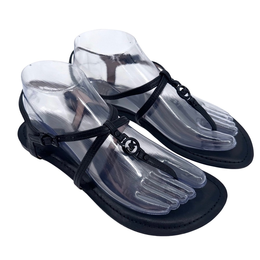 Michael Kors T-Strap Black Leather Logo Sandals Size 8 Minimalist Summer Chic